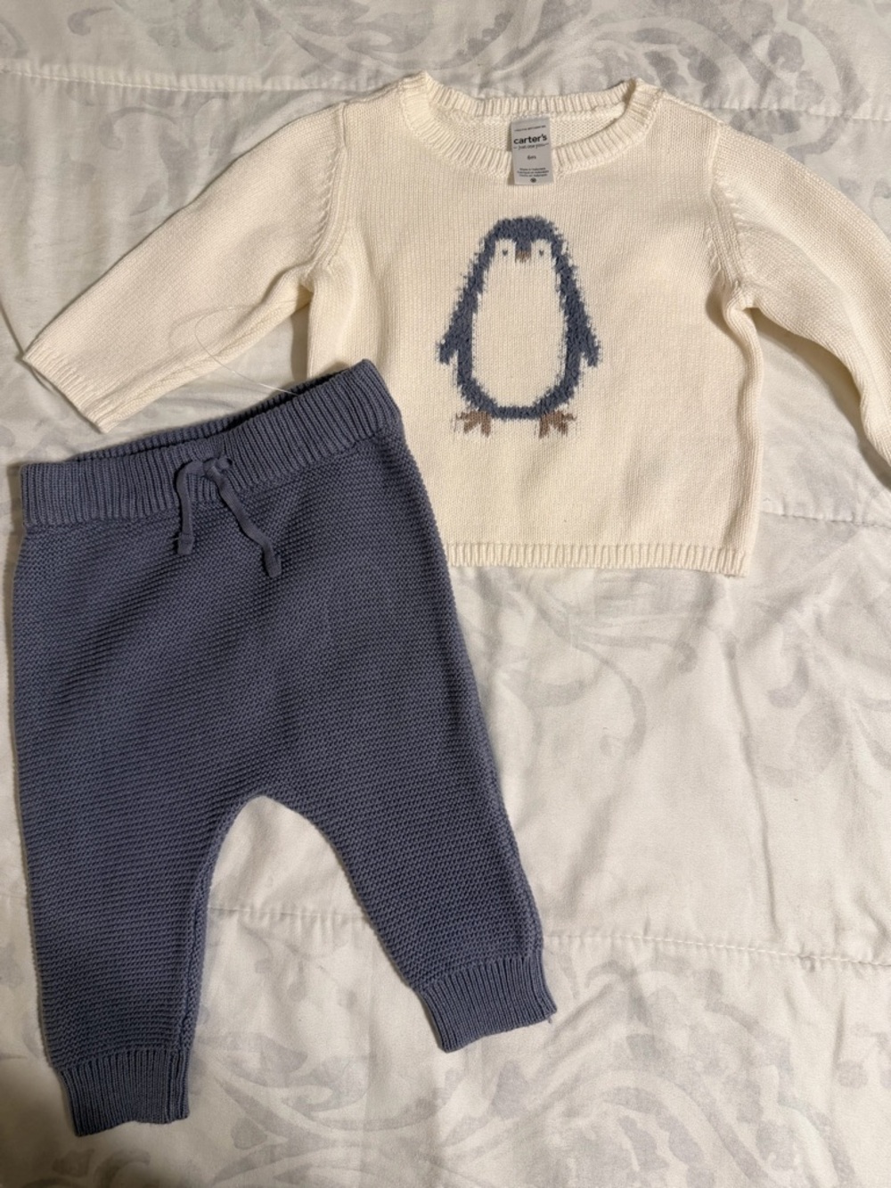Carter's Cream Sweater with Navy Penguin & Slate Knit Pants